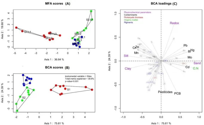Figure 2. Multiple Factor Analysis (MFA; A) and Between Class Analysis (BCA; B: stations distribution and C: variables 
