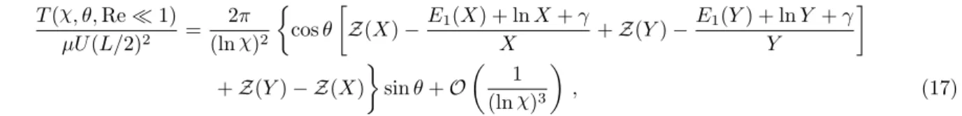 FIG. 13: Torque as a function of θ for •: χ = 3, ?: χ = 5, H: χ = 10. Solid line: asymptotic prediction (17) for low-but-finite Re; dashed line: approximate fit (18) for χ = 5 and 10.