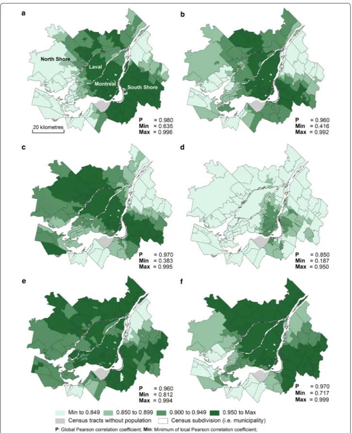Fig. 8  Comparing alternative types of distance between spatial units and health services using local Pearson correlations