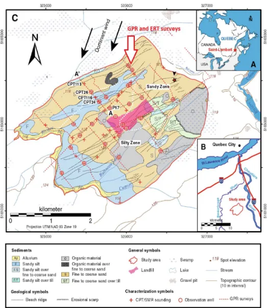 Figure 9: Study area location. (a-b) general location, (c) study area limits with surface geological  information, geophysical surveys, CPT and observation well location (modified from Paradis et al
