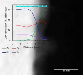 Figure 14.  SfEM HAADF image of the inner extreme surface of the steam generator  tube on alloy 690  after  transients  test until  170 ° C and EDX compositional  profiles 
