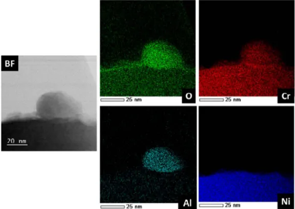 Figure  15.  STEM  bright field  image and  STEM  EDX mappings  of the  oxide  grown near  an inclusion of Alumina  on  the  inner  extreme  surface  of steam generator  tube on  alloy 690 after transients test until 170 ° C 