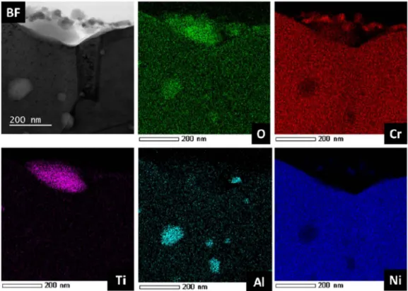 Figure 16.  SfEM  bright field image and SfEM EDX mappings of the  mdde grown near  a precipitate of titanium  on  the  inner  extreme surface of steam generator  tube on  alloy 690 after transients test until 170 ° ( 