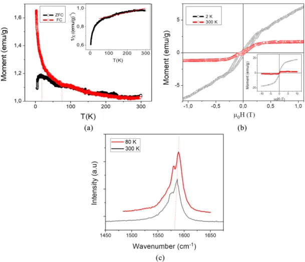 FIG. 2. Magnetic and Raman data for GdCl 3 @DWNTs (a) χ(T) measured in the FC and ZFC showing a downturn at 16±5 K indicative of a superparamagnetic transition,