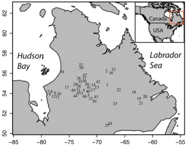 Figure 1.  Tree ring sampling sites in Eastern Canada (EC). Map generated in R 63 .