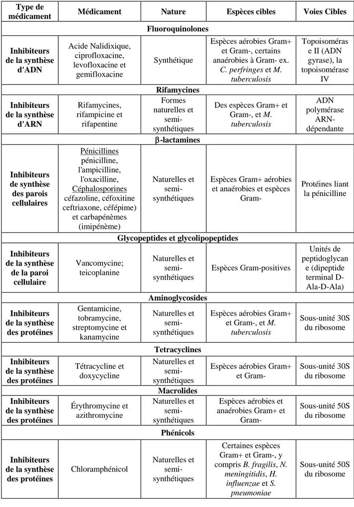 Tableau 01. Classes d’antibiotiques et leurs cibles (Kohanski et al., 2010) 