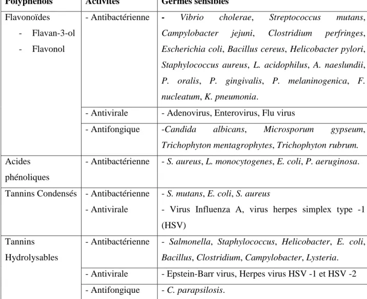 Tableau 05. Activités antimicrobiennes des principaux polyphénols et les germes sensibles  (Daglia, 2012)