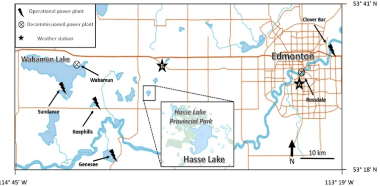 Fig. 1 ) is located approximately 45 km west of Edmonton, Alberta. This mesotrophic lake, situated in the boreal mixed-wood biome, covers an area of 0.90 km 2 , is at an elevation of 729 m above sea level, and lies adjacent to a provincial park to its nort