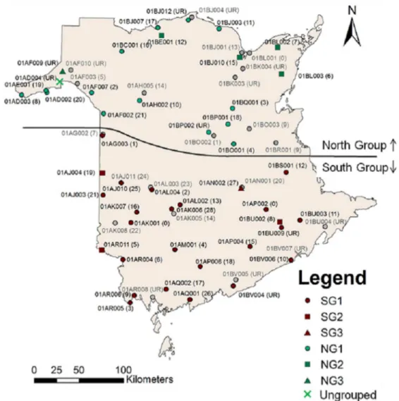 Figure 2. Map of gauging stations, as well as their group and rank. Names of inactive stations are shown in  gray