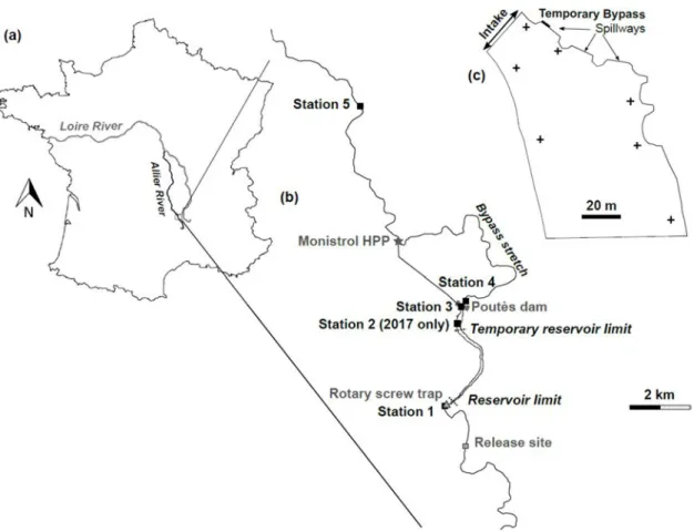 Fig. 1. Geographical location of the study area (a, b) and description of the areas close to the Poutès dam (c)