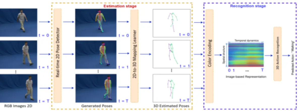 Figure 1. Overview of the proposed method. In the estimation stage, a real-time multi-person 2D pose detector, such as OpenPose [12] or AlphaPose [13], is used to generate 2D human body keypoints