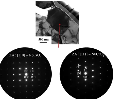 Fig. 11. Bright-ﬁeld image for Cr and Nb-rich oxide at the metal-oxide region of the oxidized LBM sample after exposure to 1050 °C and electron diﬀraction patterns along the [110] and [111] zone axes.