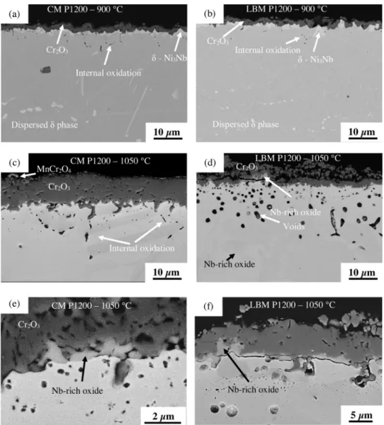 Fig. 10. Post-oxidation cross-sections for the CM and LBM Inconel 625 : a) and b) 400 h in lab air at 900 °C; c) and d) 50 h at 1050 °C ; e) and f) high magni ﬁcation images of the oxide/substrate interface for c) and d) sections respectively.