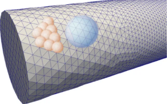 Fig.  19. Cylindrical domain meshed with tetrahedra. A Boundary Face Group (BFG) with its Bounding Sphere (BSBFG) is represented in blueish colors