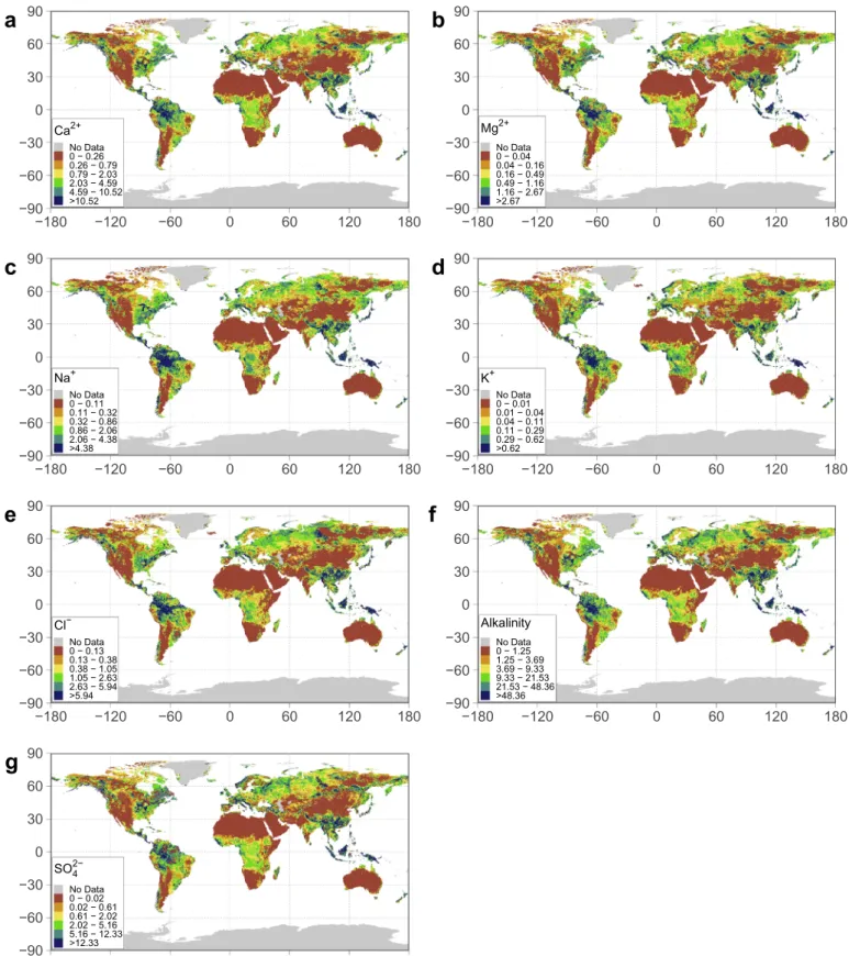 Fig. 4. Holospheric distribution of Ionic fluxes derived from Chemical Weathering of Rocks (ICWR), all data expressed in Mg·km 2 ·y −1 