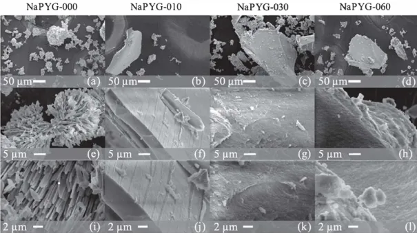Fig.  1.  SEM micrographs of synchesized NaPYG marerials ac dilferenc magnificarions: NaPYG-000 (a