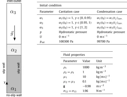 Fig. 8. Domain, boundary conditions, initial condition and ﬂuids properties of the cavitation/condensation test case.