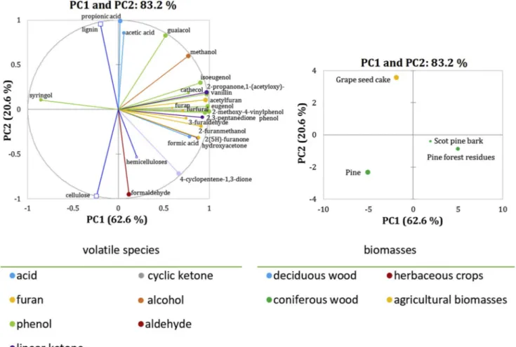 Fig. 14. Loading plot (left) and score plot (right) of the PCA on the total volatile species production in torrefaction for the coniferous wood and grape seed cake