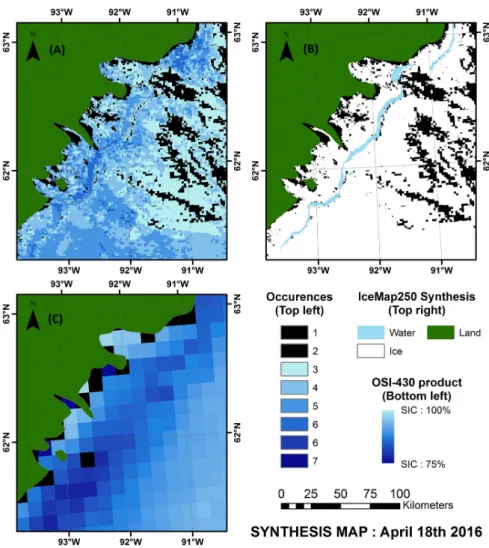 Figure 9. (A–C) Information occurrence map, IceMap250 7-days synthesis map (250 m), and OSI-430 (12.5  km) sea ice concentrations (SIC) for 18 April 2016