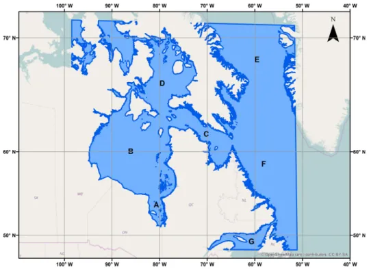 Figure 1. Test area for IceMap250, including James Bay (A), Hudson Bay (B), Hudson Strait (C), Foxe  Basin (D), Davis Strait (E), Labrador coast (F), and part of the Gulf of Saint-Lawrence (G), all located in  eastern Canada