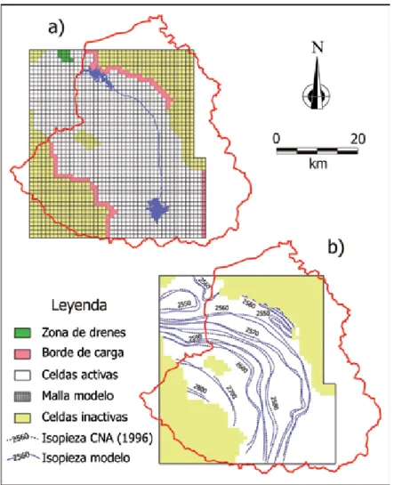 Figura 5. (a) Discretización del área de estudio y condiciones de frontera del modelo de flujo de agua subterránea y (b) comparación de 