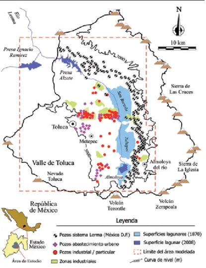 Figura 1. Mapa de localización del área de estudio que muestra las principales características fisiográficas, las zonas industriales, los pozos 