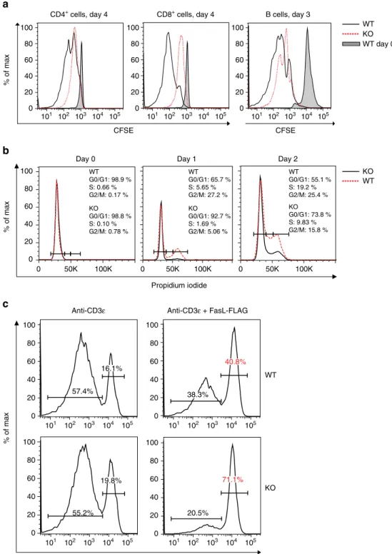 Figure 4 | KO T-cell proliferation and apoptosis. (a) Proliferation of spleen CD4 þ and CD8 þ T cells and B220 þ B cells from WT and KO mice according to CFSE staining