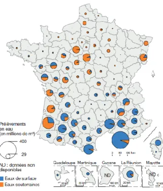 Fig. 1.2 Prélèvements d’eau par l’agriculture en France en 2013. Sources : agences de l’Eau