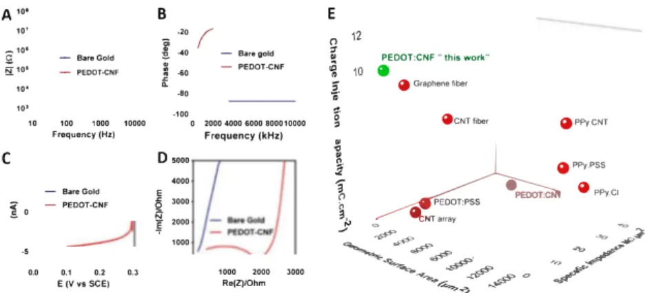 Fig.  3.  Electrochemical characterization of PEDOT:CNF modified microelectrodes. (A) EIS measurements on modified PEDOT:CNF and unmodified gold micro­ electrodes over a frequency range of 10 Hz-10 kHz in H2SO4 (0.5 M) at O V vs SCE A) IZI vs frequency and