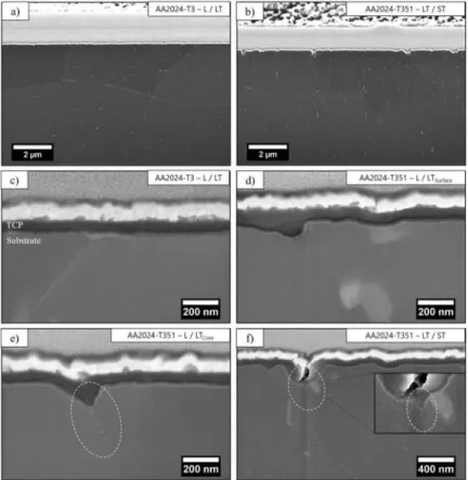 Fig.  lO f).  Moreover,  the defective structure of the TCP coatings at the  grain boundaries became more and more marked  from the  L/LT,urrace  plane,  L-LT,0,0  plane  to  LT/ST  plane  (F ig