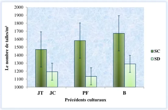 Figure III-3 : Variation du nombre de talles par mètre carré en relation avec le système de culture et 