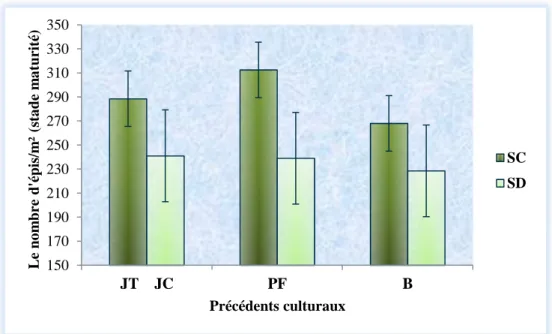 Figure III-6 : Variation du nombre d’épis par mètre carré au stade maturité en relation avec le 