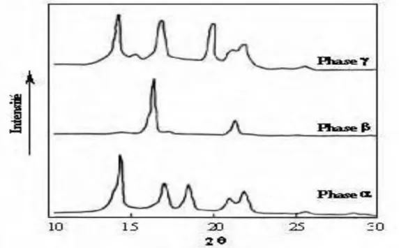 Figure I.7: Diagrammes de diffraction des rayons X aux grands angles des différentes  formes cristallines du polypropylène isotactique  [19]