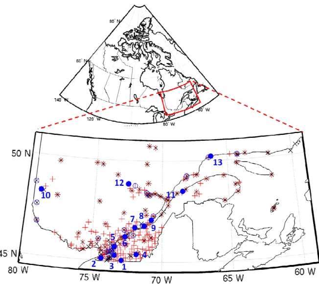 Fig. 1. Map of southern Québec, Canada. Stations are presented by red ‘+’ and black ‘×’ when 