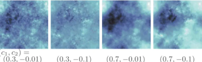 Fig. 1. Synthetic multifractal images. Realizations of mul- mul-tifractal random walk for different values for c 1 and c 2 .