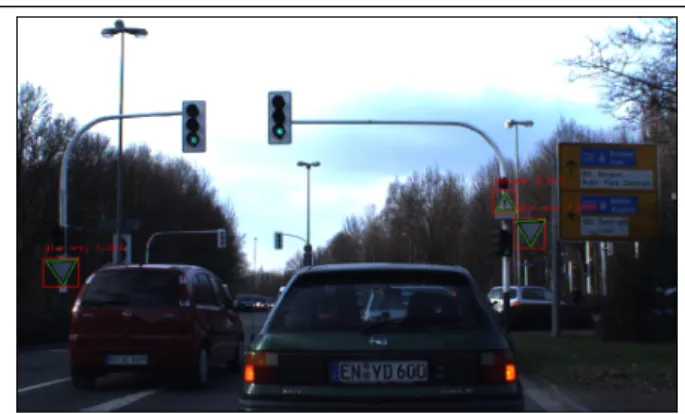 Fig. 4. Resulting image with boundaries drawn on the original image. Detection bounding boxes, classes and scores are represented in red