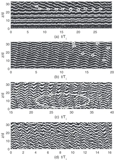 FIG. 6. Examples of space-time diagrams that evidence the different bubbly composite patterns regimes: (a) Structured composite patterns regime Re = 8339; Q g = 56 ml/min; α(%) = 0.0042; Re g = 0.24; 40% of glycerol, highlights periodical punctual defects 