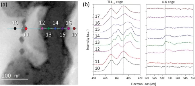 Fig. 16. STEM-HAADF micrograph of the EELS line proﬁle (a) and its corresponding ELNES spectra (b).