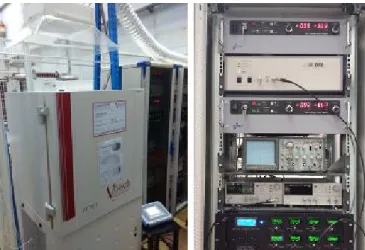 Fig. 5. The automatized test bench for the accelerated aging tests: climate  chamber (left) and high voltage pulse generator with the lifespan counters 
