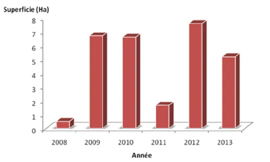 Fig. 31. Superficies incendiées au sein de la  forêt de Znadia 2008 -2013 