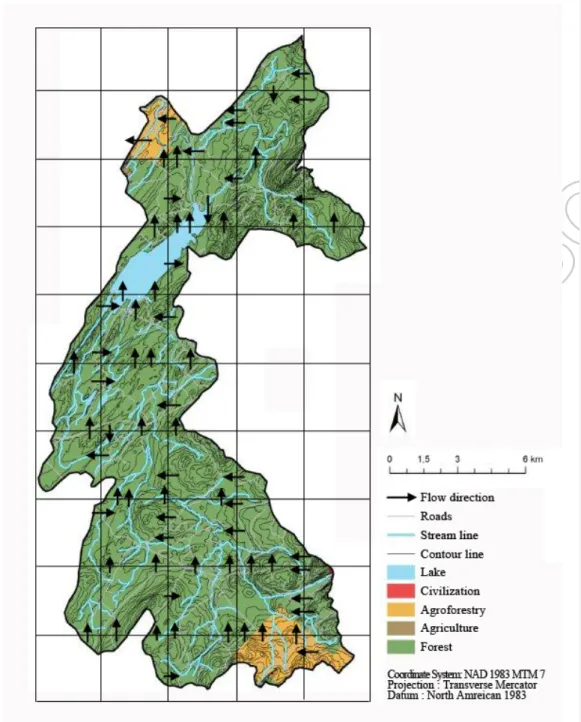 Fig. 2 Hydro-physiographical characteristics of study area. Map shows land use, whole  squares (elementary hydrological units) and arrows indicate water routing used for the 