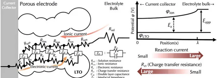 Figure 6. Polarization of the electrolyte potential and charge-transfer resistance in the thick electrodes