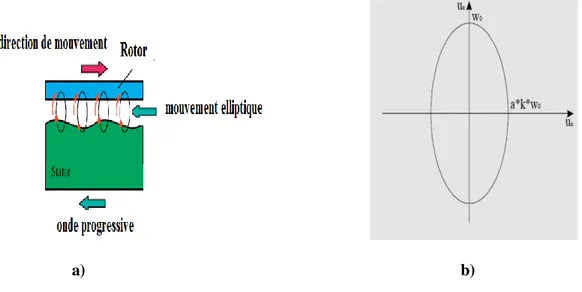 Figure I.9: a) Forme elliptique de la trajectoire des points de la surface du stator [91],  b)  Mouvement elliptique des points de surface du stator[ 92 ]