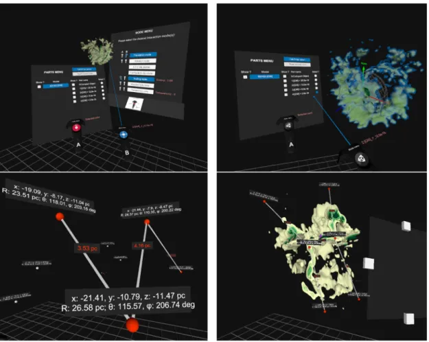 Fig. 4. In-app screenshot from E0102-VR. Top left: general view. The interaction mode menu is visible to the right, while the parts menu, attached to the controller