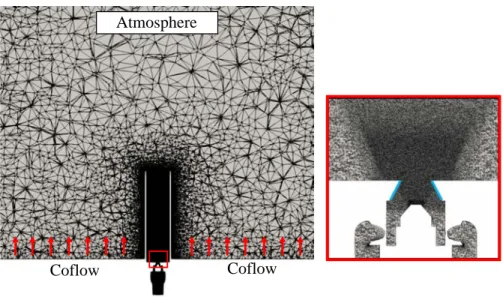 Figure 2: The meshed numerical domain comprising the SICCA-spray and the atmo- atmo-sphere