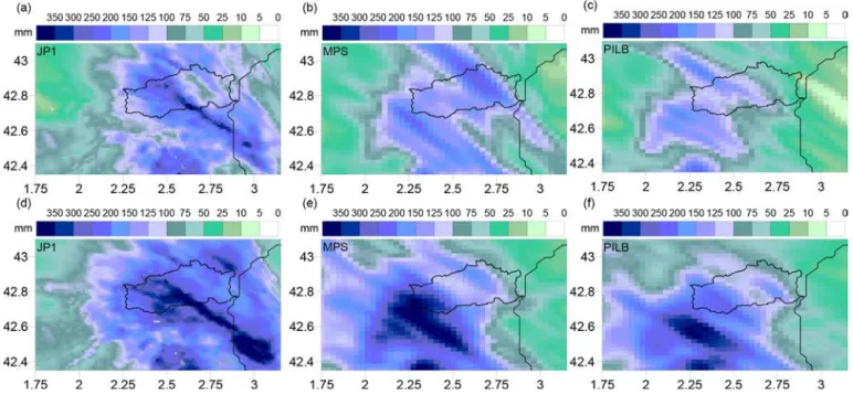 Figure 8. Spatial distributions of the 48 h rainfall amounts for the November 2014 episode according to (a) radar JP1, (b) MPS percentile 90 and (c) PILB percentile 90, starting on 28 November 00:00 UTC; and (d) radar JP1, (e) MPS percentile 90 and (f) PIL