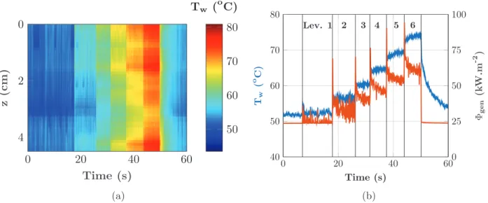Fig.  11. a. Spatio-temporal temperature diagram of the nucleate boiling regime when the temperature is imposed and b