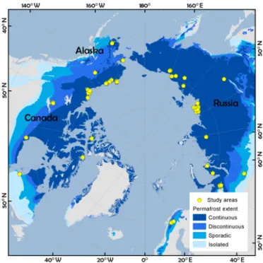 Figure 1. Distribution of PeRL study areas. Permafrost extent ac- ac-cording to Brown et al