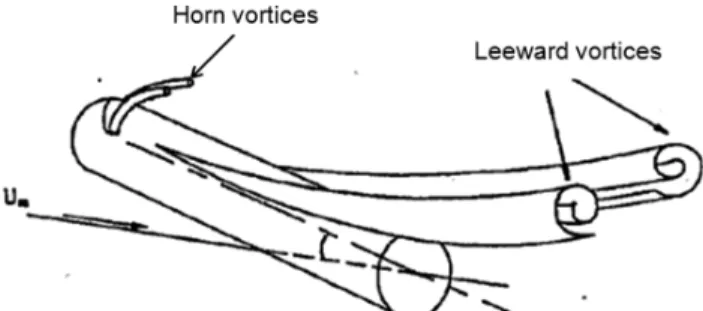 Fig. 10 Schematic of the vortex structures past a hemispheric cylinder at moderate incidence [43].