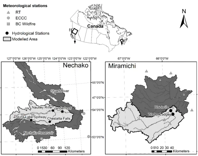Figure 2. Maps of the Nechako and the Miramichi watersheds. 